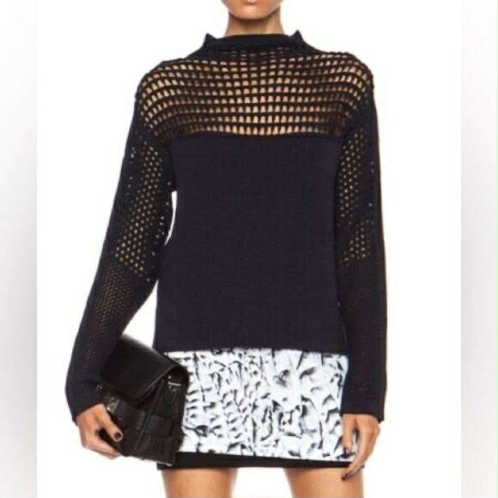 Helmut Lang Open Knit Mock Neck Sweater – Black, Edgy Minimalism, Size Small